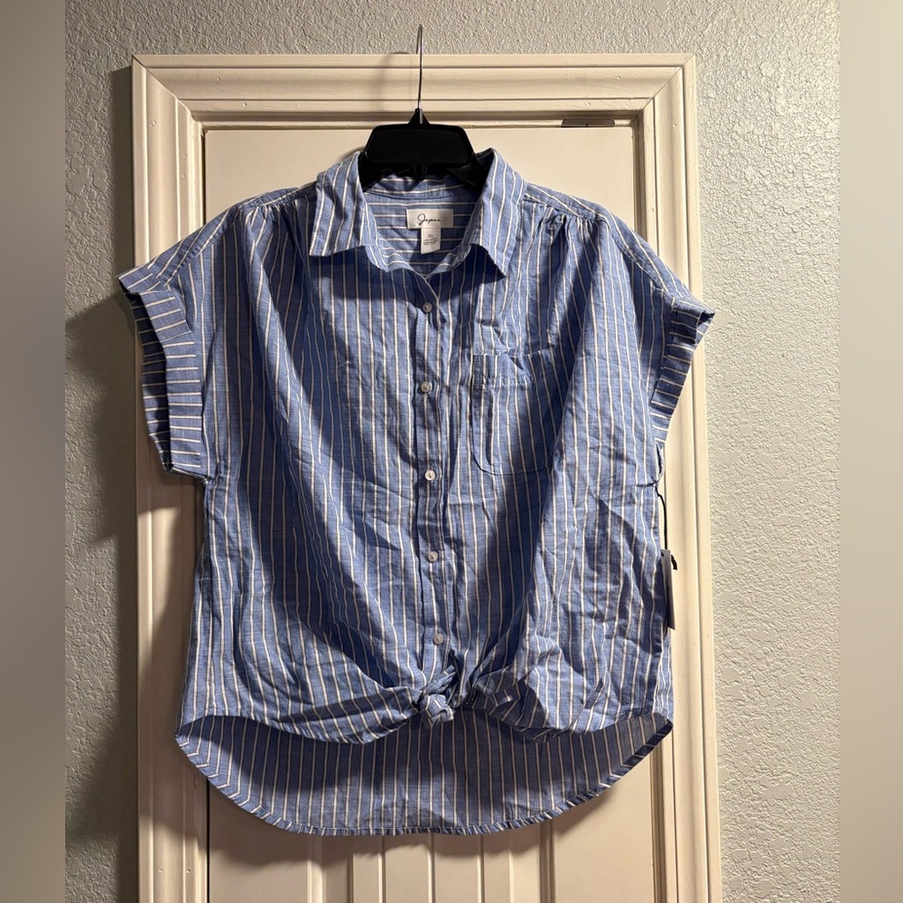 Japna NWT Striped‎ Button Up Tie Front Shirt Blue White XL Casual Top